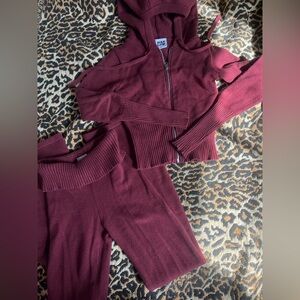 Harlow Burgundy Knit Jumpsuit Set with Hooded Zip Top